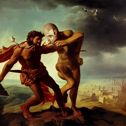 Prompt: Orpheus fighting the Cyclops, matte painting, high detail, clear resolution