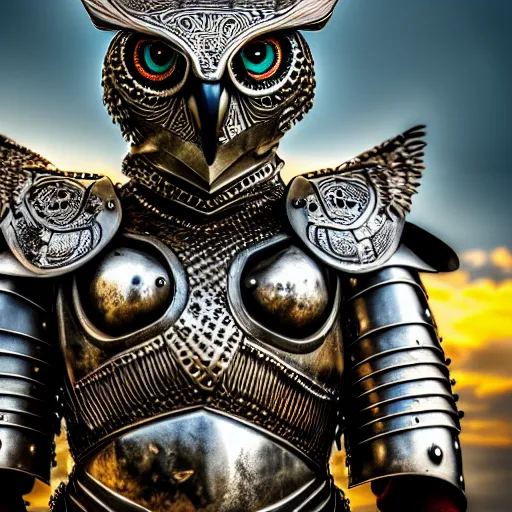 Image similar to photo of a warrior with metal owl armour, highly detailed, 4k, HDR,