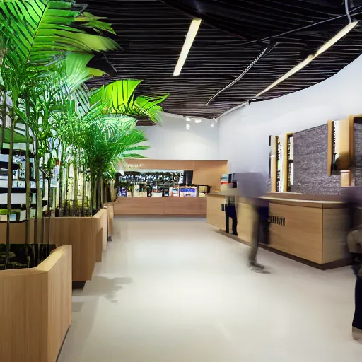 Prompt: interior photography of a Microsoft Samsung flagship store, wood, polished concrete, spotlights, verdant plants, water feature, retaildesignblog, dezeen, 14mm, 8k, cinestill, pentax, film