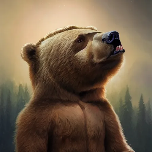 Prompt: realistic bear playing very angular setar, realistic portrait, symmetrical, highly detailed, digital painting, artstation, concept art, smooth, sharp focus, illustration, cinematic lighting, art by artgerm and greg rutkowski and alphonse mucha