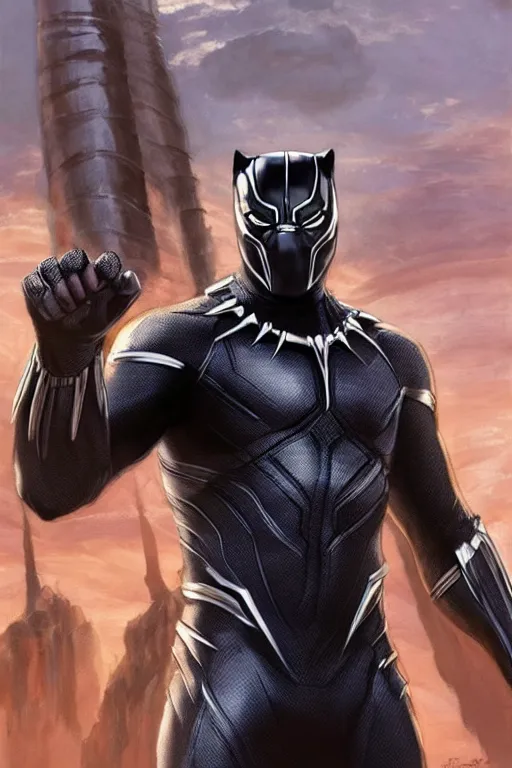 Image similar to ultra realistic illustration, black panther tchalla wearing a greek god type armor mixed with wakandan stylr, sci - fi, fantasy, intricate, elegant, highly detailed, digital painting, artstation, concept art, smooth, sharp focus, illustration, art by artgerm and greg rutkowski and alphonse mucha