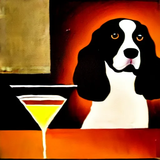 Prompt: a painting of a spaniel at a smokey bar with a Martini, renaissance, light effect