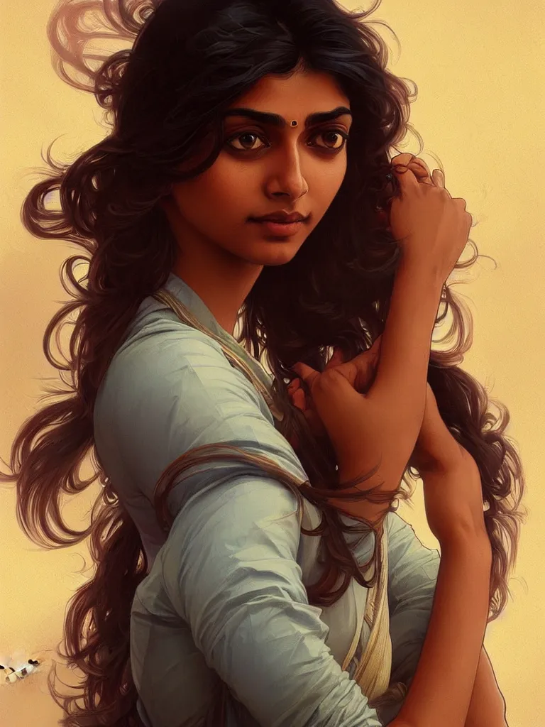 Image similar to Anxious pretty young Indian doctor wearing jeans leaving a plane, portrait, sci-fi face, elegant, highly detailed, digital painting, artstation, concept art, smooth, sharp focus, illustration, art by artgerm and greg rutkowski and alphonse mucha