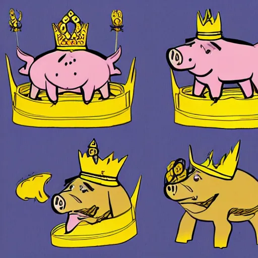 Image similar to concept sketches of a pig wearing a gold crown by Bill Watterson, in the style of 1970s cartoons