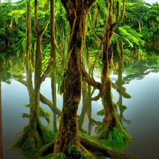 Image similar to magical trees and the amazon river in the amazon rainforest by anderson debernardi and pablo amaringo