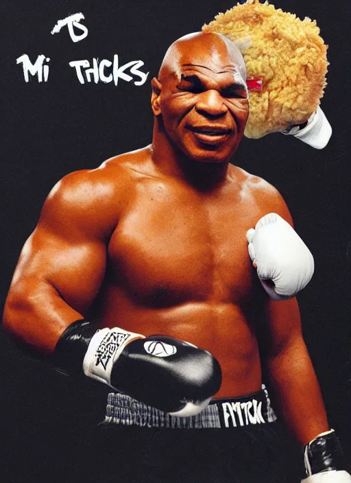 Image similar to a portrait of mike tyson with fried chicken boxing gloves.