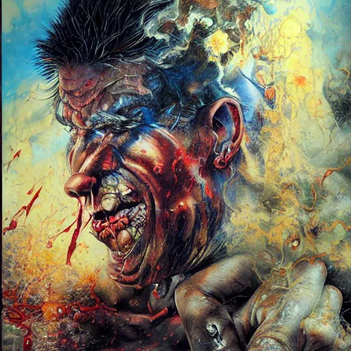 Image similar to realistic detailed UHD photorealistic Duke Nukem punching a Nazi, by Ayami Kojima, Amano, Karol Bak, Mark Brooks, tonalism, rich deep colors. Beksinski painting, art by Adrian Ghenie and Gerhard Richter. art by Takato Yamamoto. masterpiece