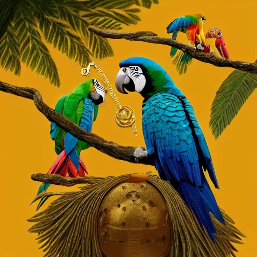 Image similar to parrots dressed in golden rings, necklaces and with caps on head, rapping and sitting on golden trees, rap scene, jungle concept art, trending on artstation, highly detailed, digital art, 8 k