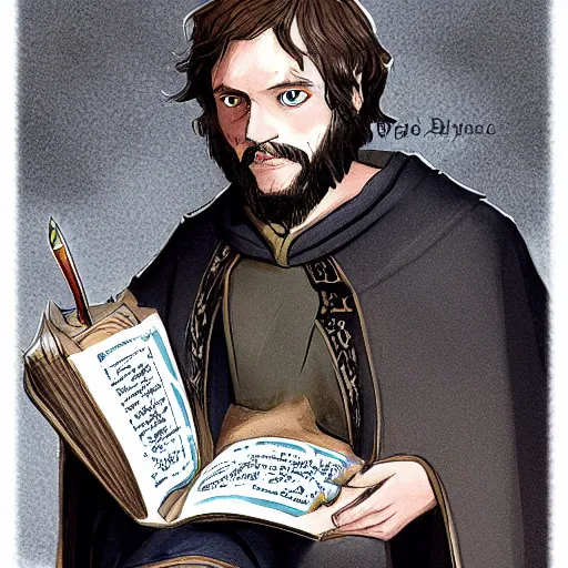 Prompt: Young John Malkovich with short brown hair and brown beard in a cloak half-elf Divination Wizard studying a spellbook Pathfinder character art color d&d character portrait