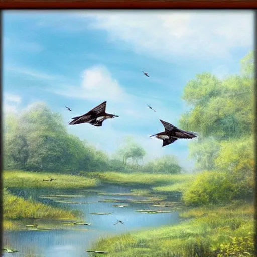 Image similar to swallows flying above a beautiful pond. Artwork, artstation, highly detailed