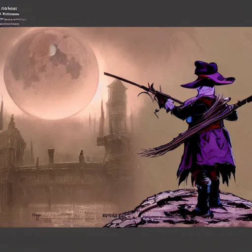 Image similar to a detailed 3 d render of darkwing duck dressed as the hunter from bloodborne, let's get dangerous, in the style animation of darkwing duck, digital art, dark fantasy, concept art, soulslike, by alphonse mucha, blood moon eclipse, wherewolves in a ruined building in the background, artstation, 8 k, unreal engine render