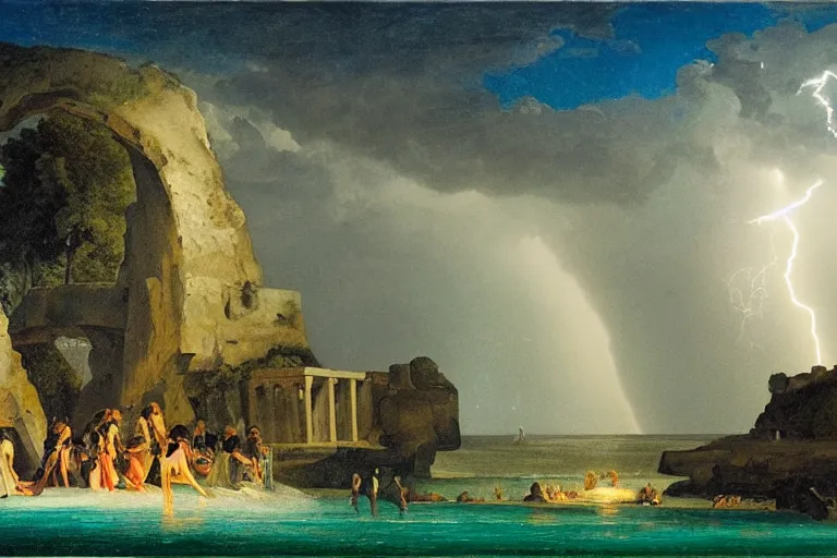 Image similar to The giant greek arch, refracted lightnings on the ocean, thunderstorm, greek pool, beach and Tropical vegetation on the background major arcana sky and occult symbols, by paul delaroche, hyperrealistic 4k uhd, award-winning, very detailed paradise