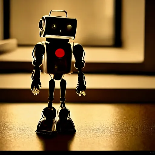 Image similar to a cute little robot, sit on a pin with a lit candle in the background by maxvanzwerg