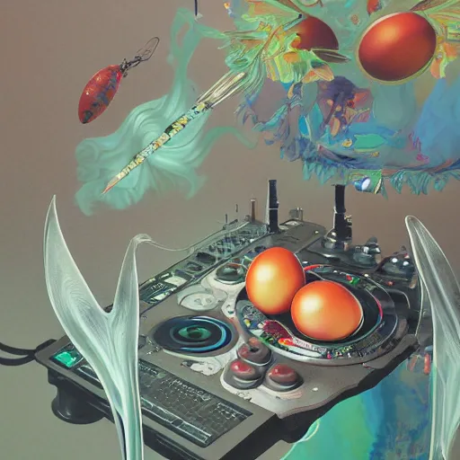 Image similar to surreal gouache painting, by yoshitaka amano, by ruan jia, by Conrad roset, by good smile company, detailed anime 3d render of big transparent resin stone in the center of the screen with a magical dragonfly inside. dragonfly inside an egg, egg on the mixer, Surrounded by a big DJ Mixer, Controller deck, portrait, cgsociety, artstation, rococo mechanical and Digital and electronic, dieselpunk atmosphere