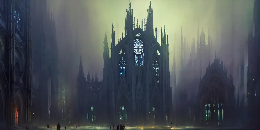 Image similar to a gothic cathedral standing in the middle of a city, extremely detailed digital painting, in the style of fenghua zhong and ruan jia and jeremy lipking and peter mohrbacher, mystical colors, rim light, beautiful lighting, 8 k, stunning scene, raytracing, octane, trending on artstation