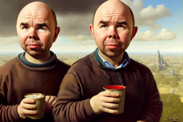 Prompt: oil portrait of karl pilkington and warwick davis. oil painting, highly detailed, centered, artstation, concept art, smooth, sharp focus, illustration, artgerm, vermeer, hans peter mohrbacher, donato giancola, joseph christian leyendecker, drew struzan