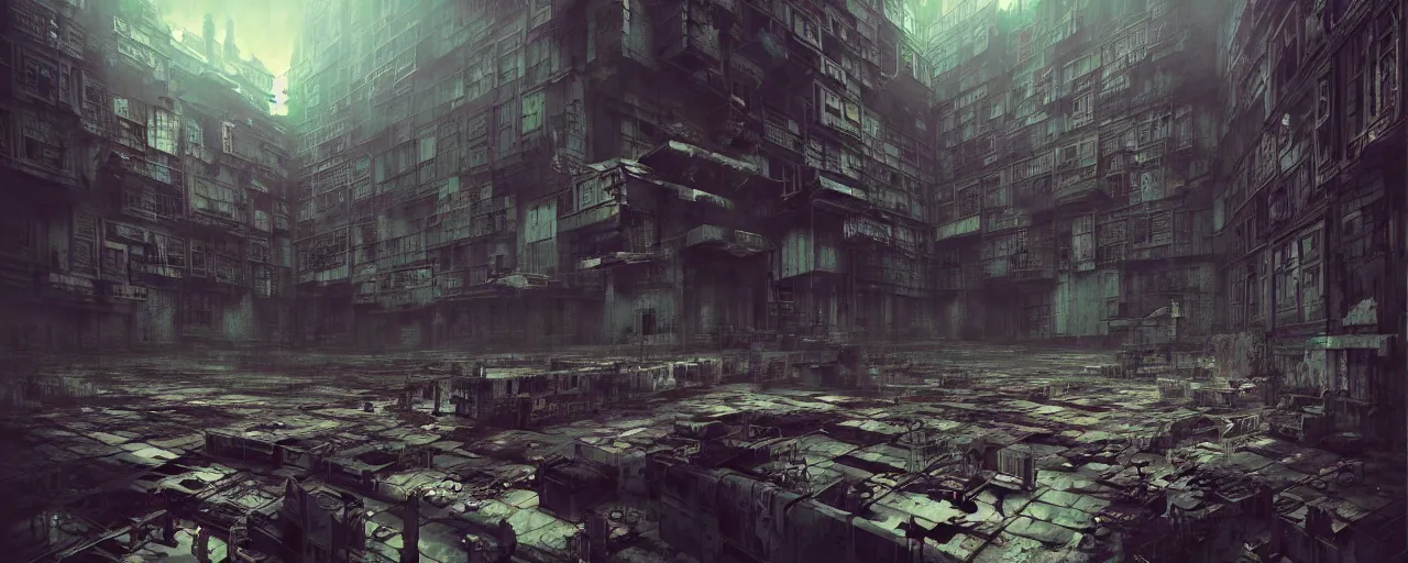 Prompt: duotone noir concept illustration inside of kowloon walled city stimulus overload, octane render, concept hideo kojima surreal atmosphere, abandoned buildings volumentric lighting. cosmic horror. accidental renaissance. by sachin teng and sergey kolesov and ruan jia and heng z. graffiti art, scifi, fantasy, hyper detailed. trending on artstation