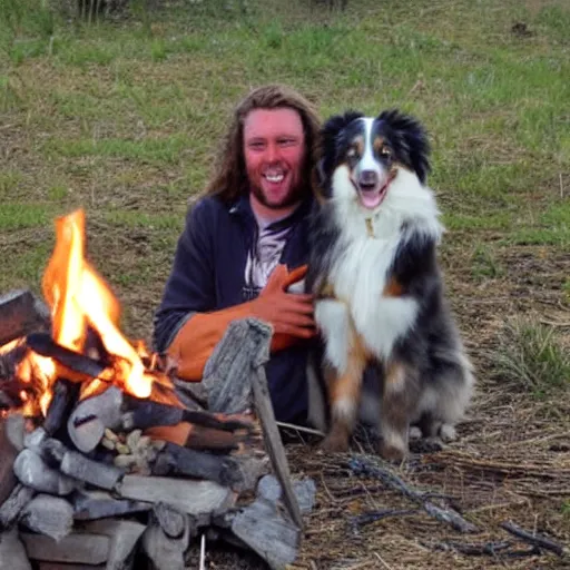 Image similar to picture of an australian shepherd with a hillbilly with long blonde hair around a bonfire