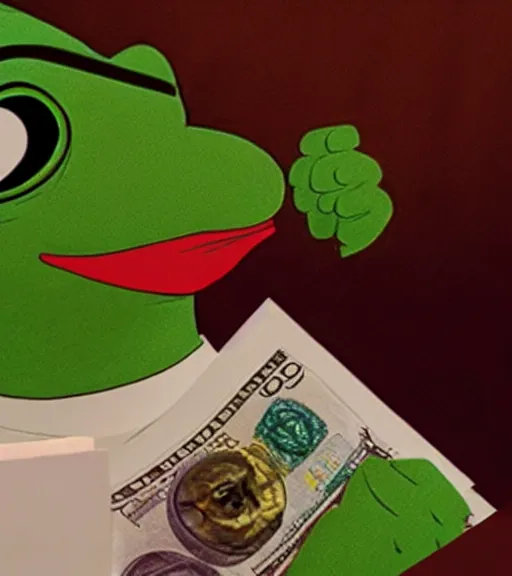 Image similar to pepe eating money, realistic, frame from the movie, in a suite