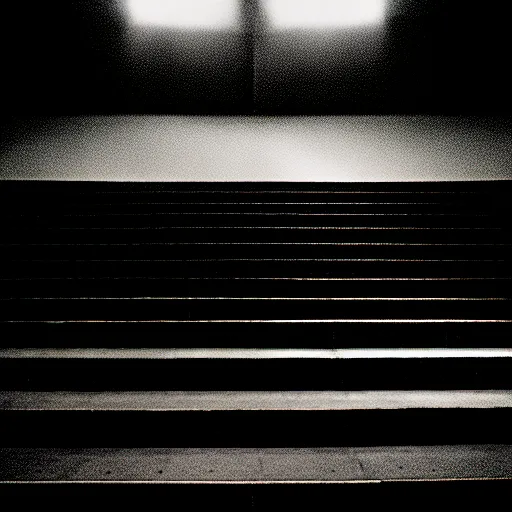 Image similar to black and white surreal photograph, highly detailed vast space made of stairsteps, sideview, detailed textures, natural light, mist, architecture photography, film grain, soft vignette, sigma 1 4 mm f / 1. 4 1 / 1 0 sec shutter, imax 7 0 mm footage