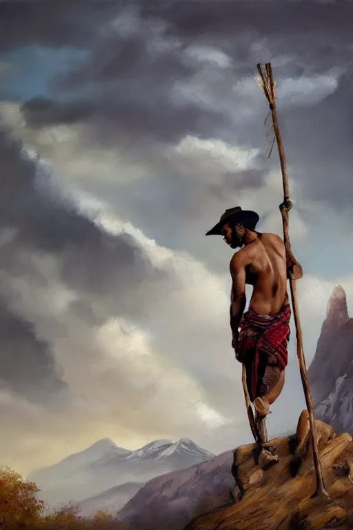 Prompt: an ethereal dramatic painting of a handsome rugged shirtless desi hiker | he is wearing a plaid kilt and cowboy hat, and holding a wooden pole | background is mountains and clouds | homoerotic, dramatic lighting, realistic, highly detailed | by clyde aspevig, by paul cadmus, by bill ward, by greg rutskowski | trending on artstation