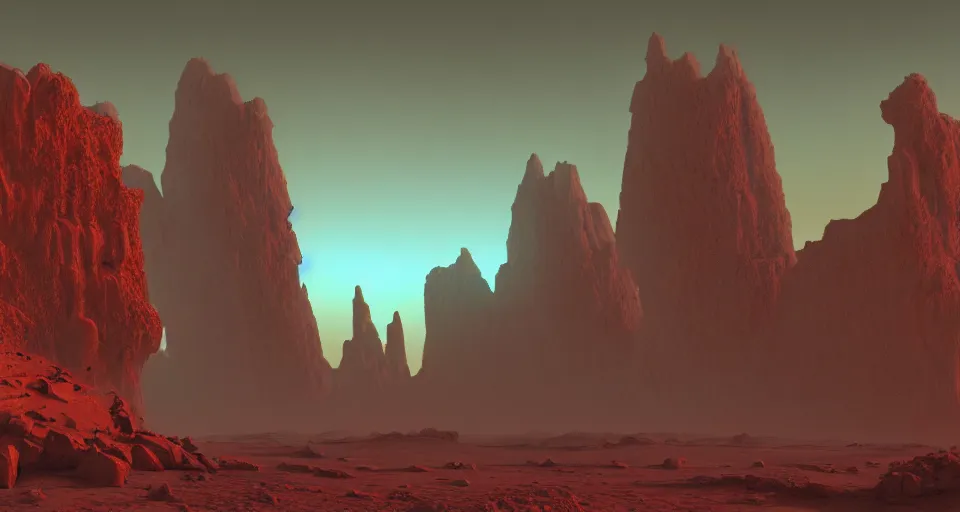 Image similar to ruins of a monolithic religious building on mars for the cult of the xeno prophet, vivid colors, matte painting, 8K, concept art, mystical color scheme, trending on artstation