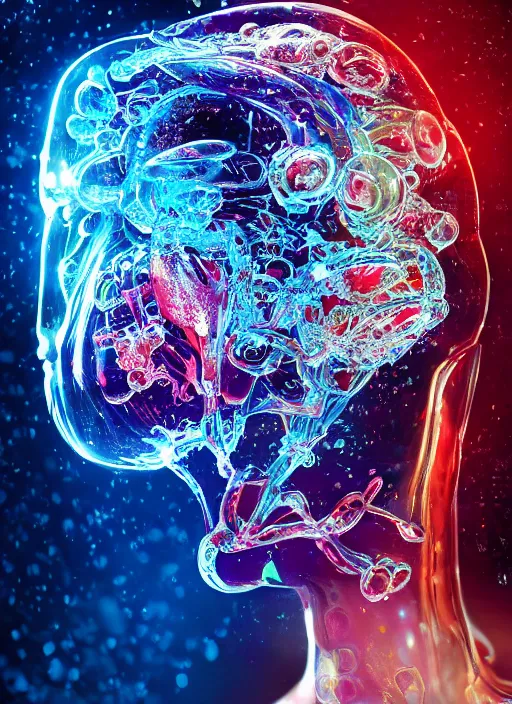 Prompt: glass brain filled with different colored liquids, cinematic shot, intricate, ornate, photorealistic, ultra detailed, realistic, 1 0 0 mm, photography, octane, high definition, depth of field, bokeh, 8 k, artstation