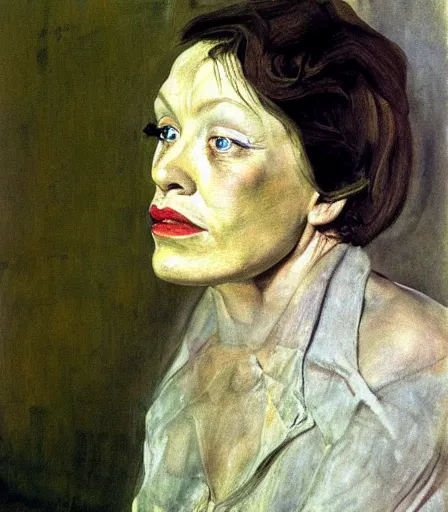 Image similar to a high quality, high detail, portrait of a drag queen by andrew wyeth and lucian freud, moody, melancholic