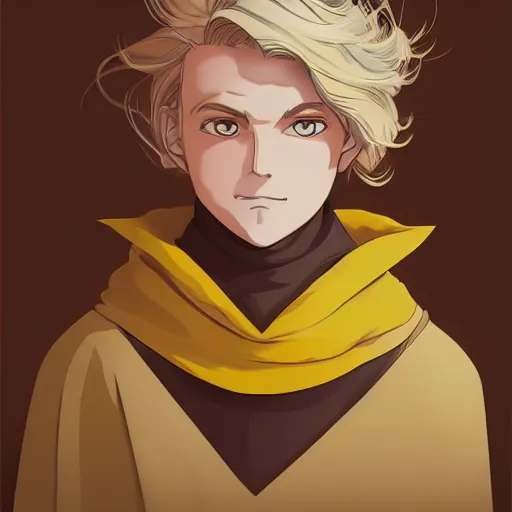 Prompt: blonde boy with yellow eyes wearing a brown cape in the style of studio ghibli, artgerm