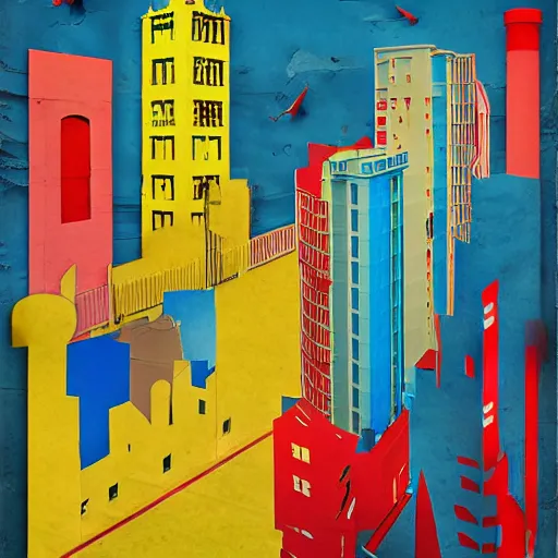 Image similar to collage style Joseba Elorza, Journalic paper texture buildings, papercut, pop-art