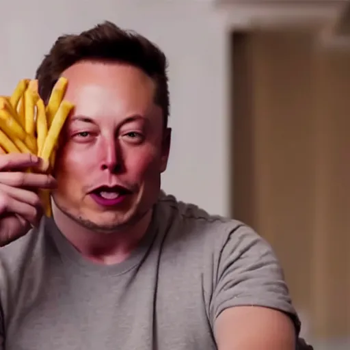 Image similar to a man eating crayons like french fries, elon musk, 4 k, high quality, crayon commercial