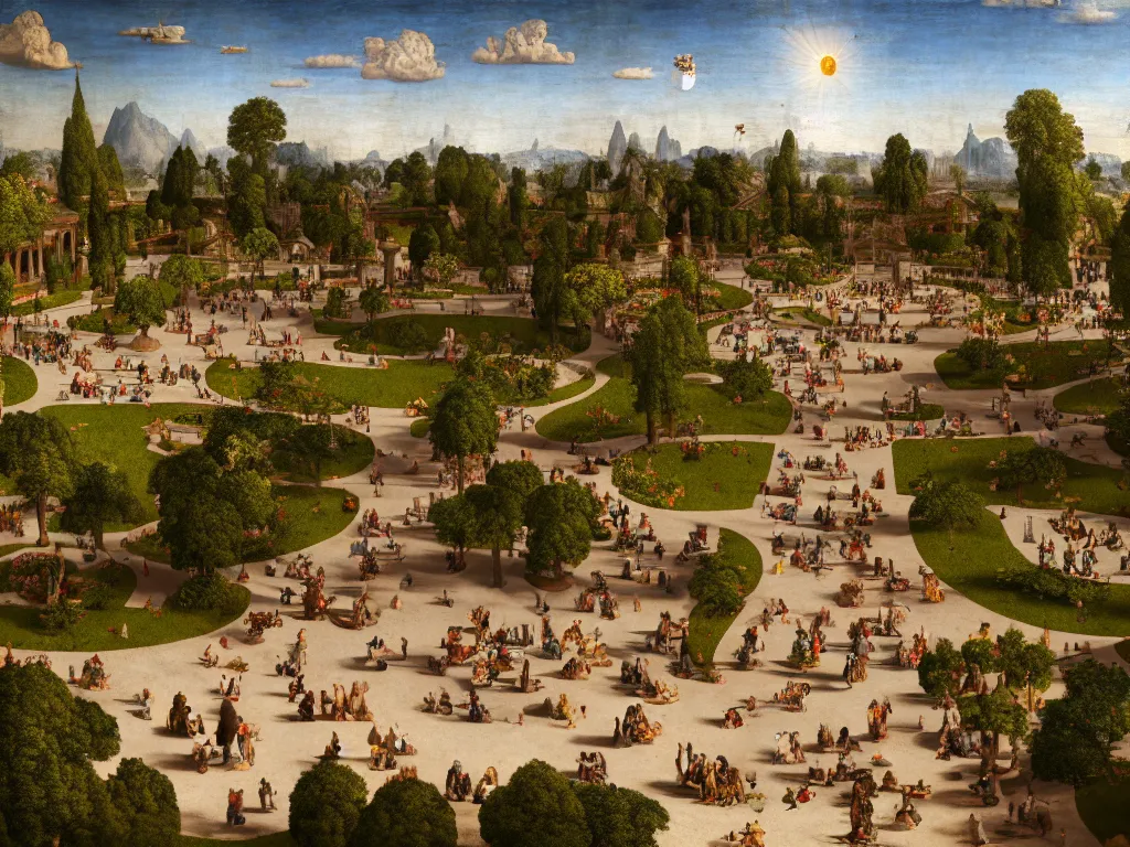 Prompt: a busy elaborate ornate outdoor park designed by leonardo da vinci, cinematic, shadows, partly cloudy day, 4 k, detailed, by