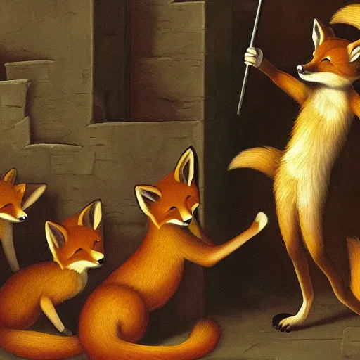 Image similar to an anthropomorphic Fox explores a Dungeon, Renaissance Painting