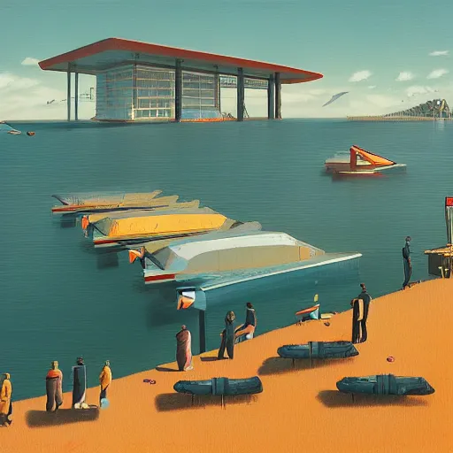 Image similar to yachting club by simon stalenhag