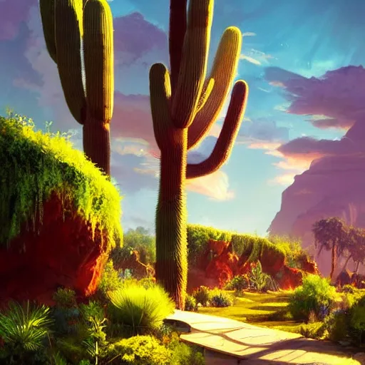 Image similar to a lush desert garden with bright colors, global illumination, dramatic sky and light rays, artstation, in style of greg rutkowski