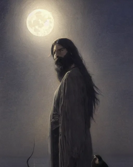 Image similar to portrait of a man with long black hair and beard holding a bird, full moon in the background, fine portrait, beautiful, concept art, by greg rutkowski, by jean delville