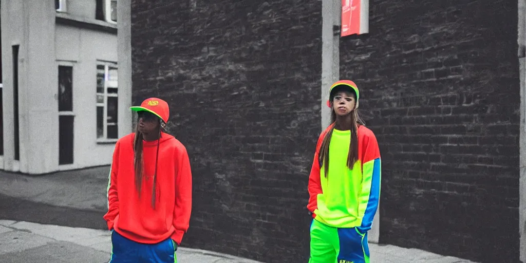 Image similar to “a realistic portrait of a teenager wearing a neon tracksuit and a SnapBack hat from the 1990s, Dutch camera view, street style photography, monochromatic color scheme”