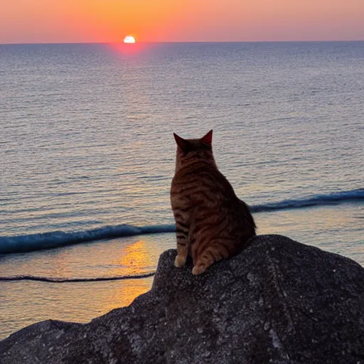 Prompt: a cat watching a sunset over the ocean from the edge of a cliff, dslr photo, camera from behind