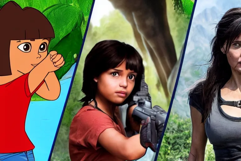 Image similar to Dora the Explorer (played by Isabela Merced) vs Lara Croft (played by Angelina Jolie), film by James Bobin and Simon West