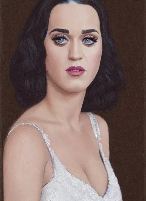 Prompt: cinematic portrait of katy perry in a white dress, intricate, elegant, by alyssa monks, highly detailed, smooth, sharp focus symmetrical face, fine details, masterpiece, trending on artstation