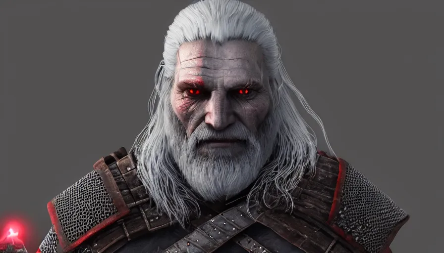 Prompt: a digital art portrait of an old pale warrior with glowing red eyes and grey beard character design from dark souls, old witcher character sheet, 4 k, ultra detail, volumetric lighting, unreal engine, octane render