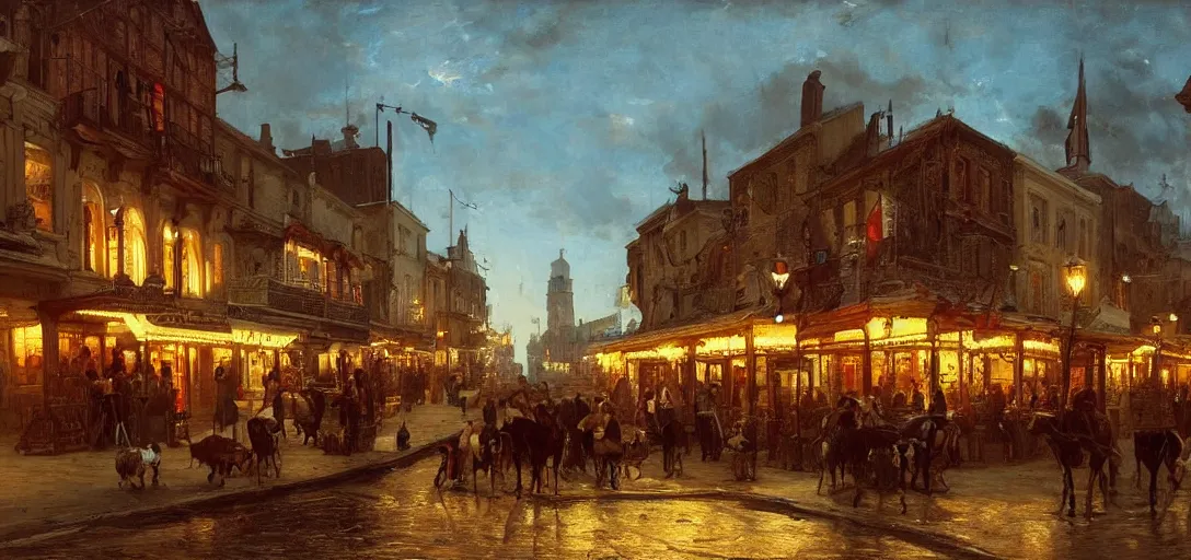 Prompt: from a movie scene, painting of a western saloon exterior in old town, greek architecture, bright lights, andreas achenbach, cinematic wide shot