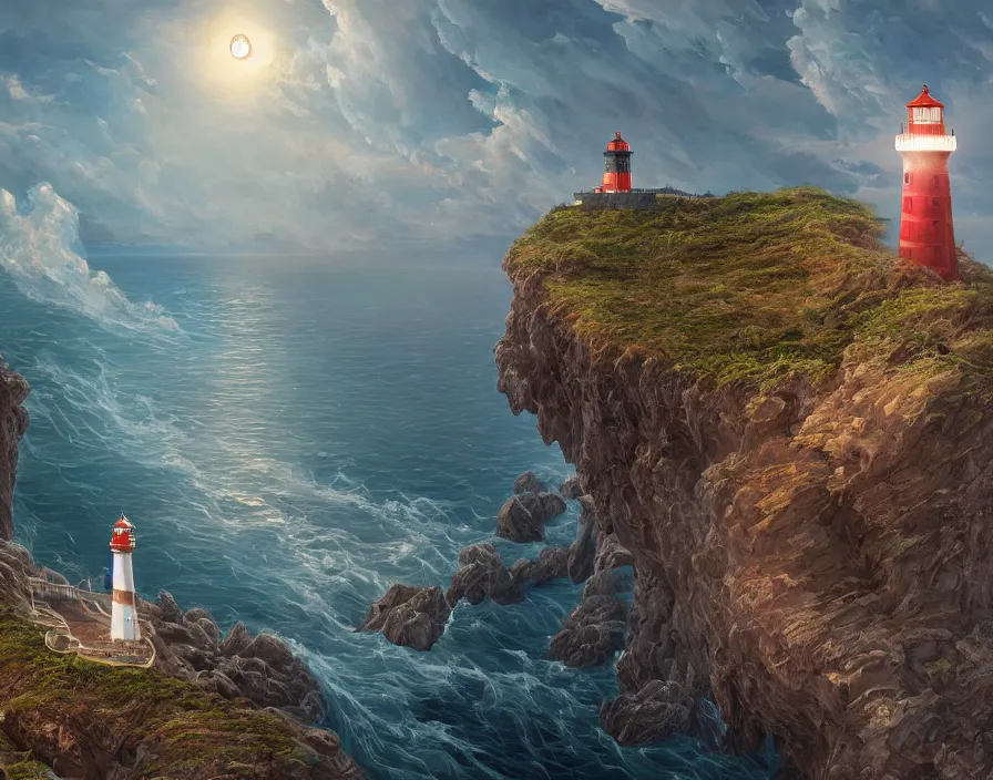 Image similar to fantasy painting of a lighthouse on the edge of a cliff overseeing a vast ocean, complex, detailed, intricate abstract. delicate artwork. by Tooth Wu, wlop, beeple, dan mumford. octane render, trending on artstation, greg rutkowski very coherent symmetrical artwork. cinematic, hyper realism, high detail, octane render, 8k, depth of field, bokeh. chrome accents.