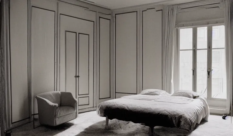 Prompt: A bedroom designed by Hugo Comte, 35mm film, long shot