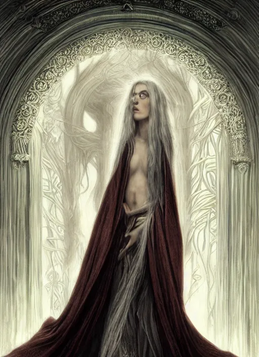 Image similar to immortal majestic elven sorceress wearing a cloak, long beautiful strands of pale white hair, engraving, concept art, elden ring, illustration, smooth, sharp focus, by gustave dore and greg rutkowski, hyper realistic face, piercing beautiful eyes, fantasy art, in the style of midjourney, intricate, alphonse mucha, hyper detailed