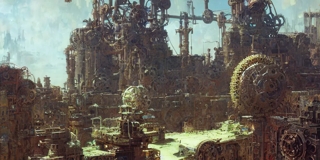 Image similar to giant gears floating in nothingness, clockwork, giant mechanisms, industry, villages castles, buildings vista artstation illustration sharp focus sunlit vista painted by ruan jia raymond swanland lawrence alma tadema zdzislaw beksinski norman rockwell tom lovell alex malveda greg staples