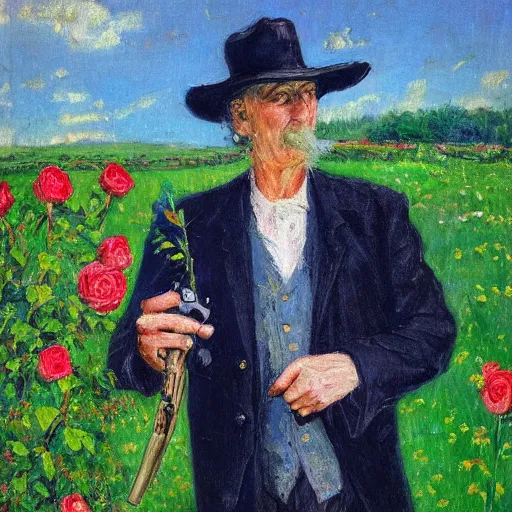 Prompt: an impressionist painting of a tall older man standing in a field of roses with blue eyes that is wearing a wide brim hat and a leather vest with a blue shirt. He is holding a revolver in his left hand and a rose is in his right hand.