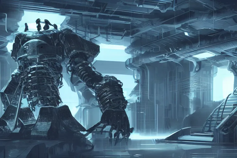 Image similar to parallax datacenter server room single mono colossus white rusty android robosaurus artstation cinematic detailed concept art volumetric light sharp coherent cgsociety symmetric perfect well balanced shadows lotr alien