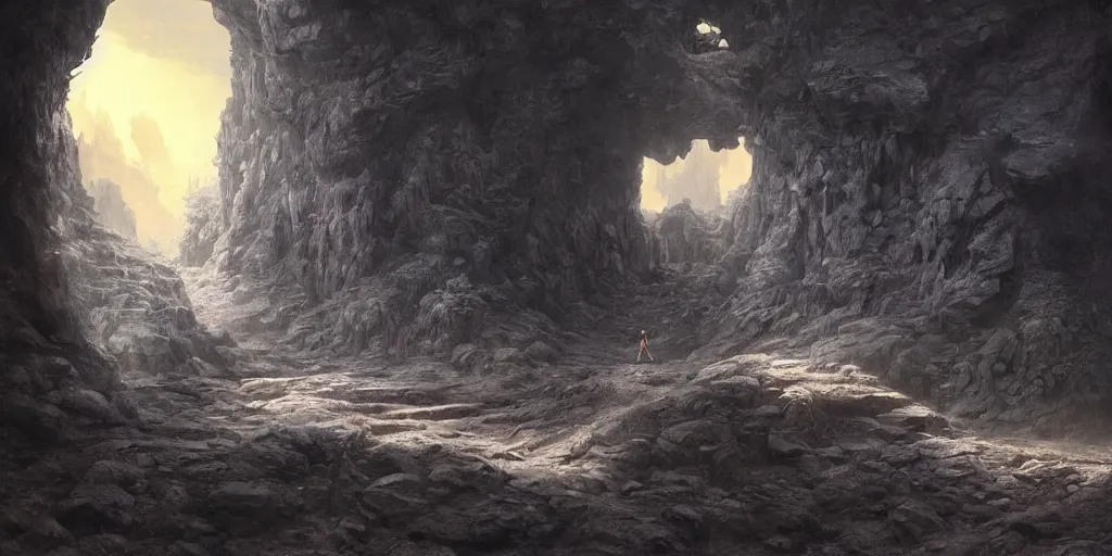 Prompt: lone wanderer in a highly detailed cinematic cave entrance in a scifi landscape by feng zhu, wayne barlowe, perfect geometry, hyper - detailed, sharp, beautiful, desaturated, beautiful lighting, oil on canvas, sunset