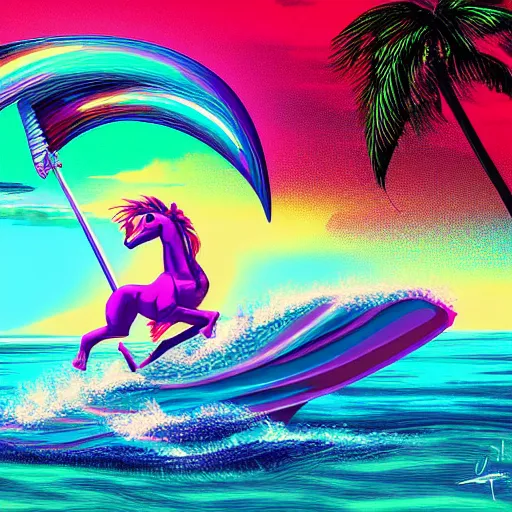 Image similar to a synthwave unicorn surfing in hawaii, digital art